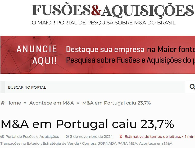 M&A em Portugal caiu 23,7%